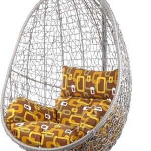 Kideo Fauteuil suspendu polyrotin gris avec armature et coussins Hello Seventies - Fauteuil lounge intérieur extérieur avec coussin marron à motifs