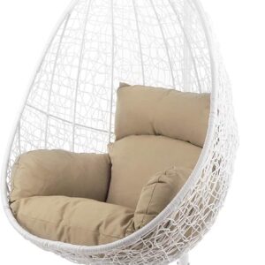 Kideo Fauteuil suspendu complet en polyrotin blanc avec structure et coussin marron clair Capucchin - Fauteuil osier lounge intérieur extérieur