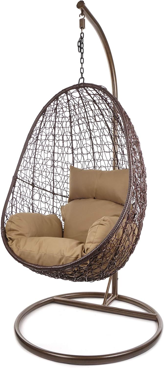 Fauteuil suspendu Kideo 7010 Hazelnut - Structure et panier marron en polyrotin - Coussin nid marron - Modèle intérieur et extérieur avec armature
