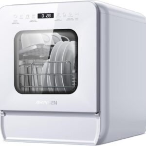 AIRMSEN Mini lave vaisselle de table compact blanc - 7 plus 2 programmes lavage 4 couverts réservoir eau 5 litres démarrage différé