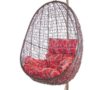 Kideo Fauteuil suspendu complet avec armature et coussins marron - Fauteuil lounge avec panier marron et coussin nid rouge à motifs - Design moderne intérieur extérieur