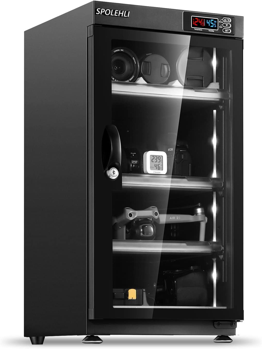 Armoire sèche Spolehli 55 L pour appareils photo - Construction en métal - Affichage numérique et éclairage LED - Modèle silencieux noir