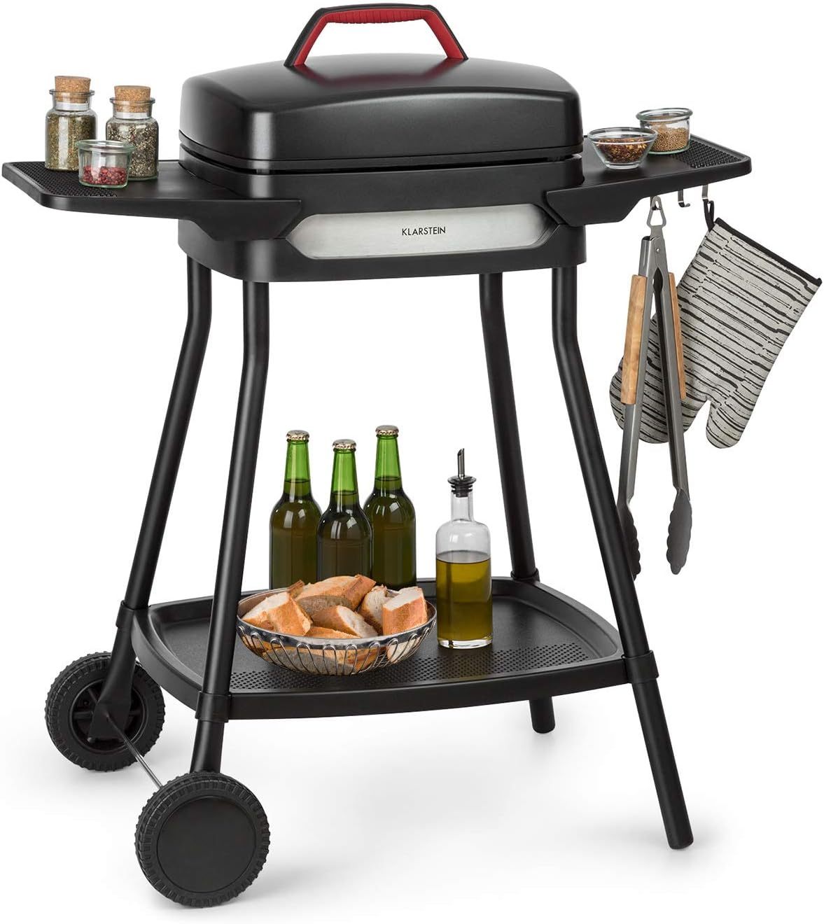 Klarstein Gatsby - Grill électrique sur pied et grill de table 2000 W - Surface de cuisson 40 x 36 cm aluminium moulé antiadhésif avec couvercle noir