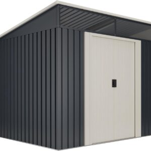 Abri de jardin Wasabi Stark en métal - Surface 4,6 mètres carrés dimensions 194 x 239 x 203 cm - Double porte coulissante avec fenêtre - Toit plat pour rangement extérieur