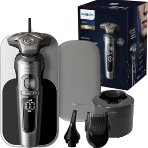 Rasoir électrique Philips Series 9000 Prestige SP9885-35 - SkinIQ et système Lift and Cut - Styler barbe et tondeuse nez - Socle de recharge Qi chromé
