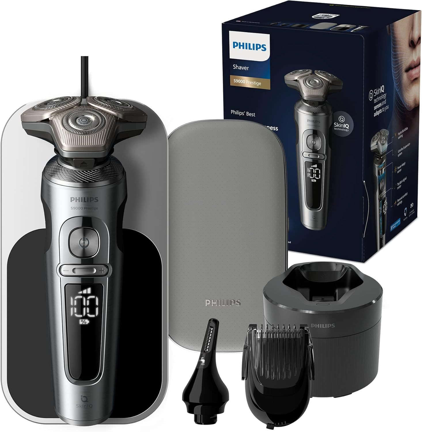 Rasoir électrique Philips Series 9000 Prestige SP9885-35 - SkinIQ et système Lift and Cut - Styler barbe et tondeuse nez - Socle de recharge Qi chromé