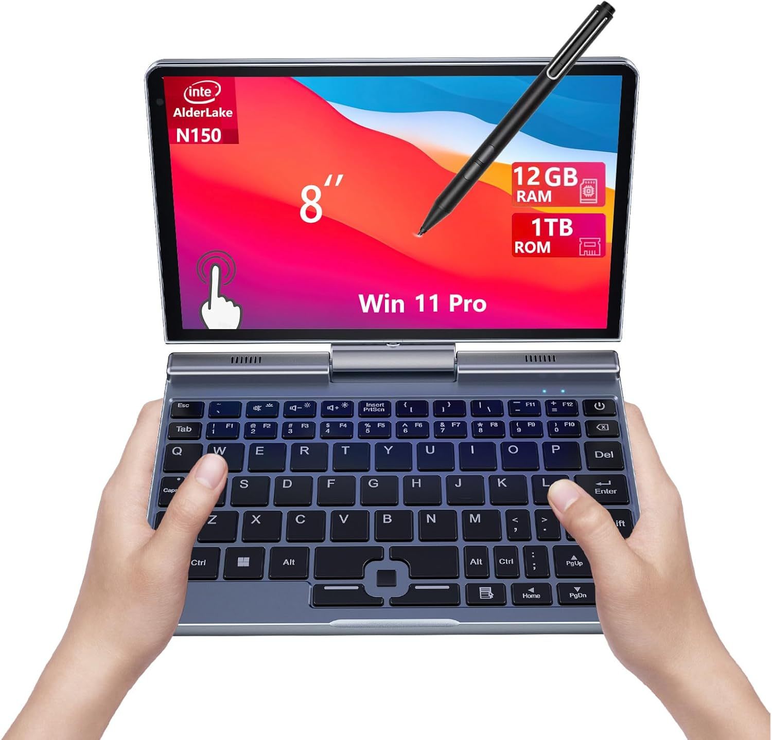 Mini ordinateur portable convertible 2 en 1 écran tactile rotatif HD 20,3 cm - Windows 11 Pro N150 12 Go RAM 1 To SSD WiFi 6