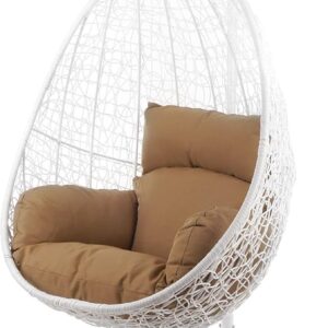 Kideo Fauteuil suspendu complet en polyrotin blanc avec armature et coussins marron noisette - Fauteuil lounge intérieur extérieur avec panier blanc et coussin nid Hazelnut