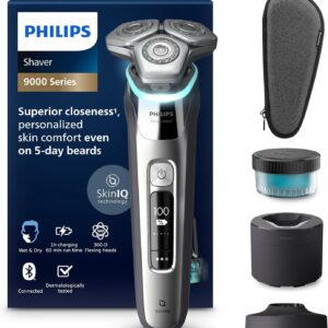Philips S9000 Rasoir électrique homme Wet and Dry chrome foncé - Lames Lift and Cut SkinIQ - Tondeuse barbe Clean Pod socle charge et étui S9974/55