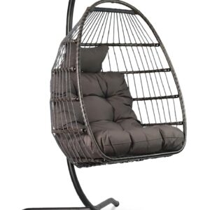 Fauteuil œuf suspendu VITA5 avec cadre acier - Balançoire en rotin avec grand coussin et appui tête - Pliable hauteur réglable - Capacité 150 kg pour terrasse