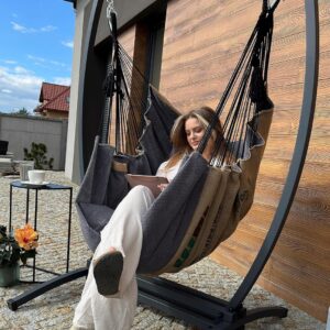 Izabell Fauteuil suspendu avec structure en acier - Chaise œuf XXL avec grand coussin - Balancelle intérieure extérieure couleur gris