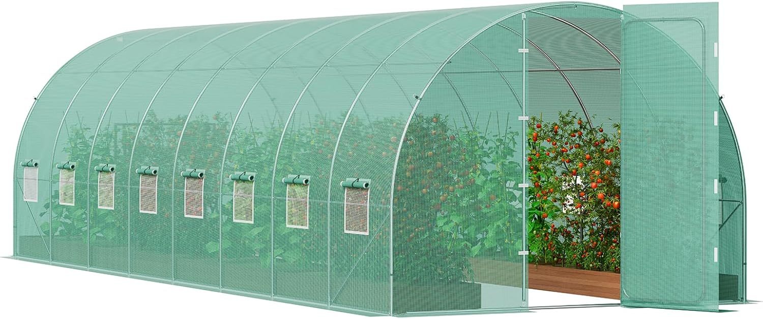 Serre tunnel de jardin VEVOR 835x290x225 cm - Abri plantes extérieur avec cadre acier galvanisé couverture PE verte et 16 fenêtres