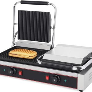 Grill panini professionnel double 4,4 kW - Deux plaques fonte 240 x 235 mm - Température jusqu'à 300 degrés C - Bac à graisse et structure inox