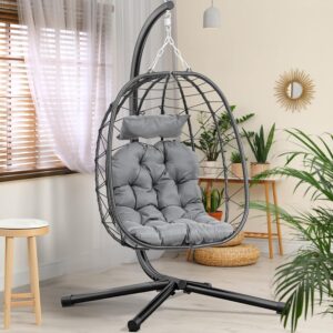 Fauteuil œuf YITAHOME gris sur pied - Rotin avec coussin et support - Dimensions 195 x 120 x 108 cm - Charge maximale 150 kg intérieur extérieur