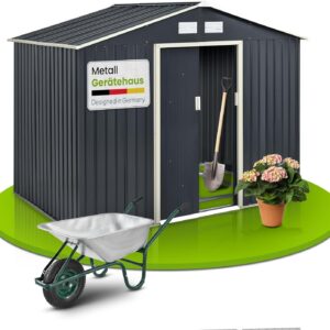 Juskys Abri à outils métal XL 9 m³ - Cabane de jardin avec toit incliné porte coulissante et fondation 277x191x192 cm gris