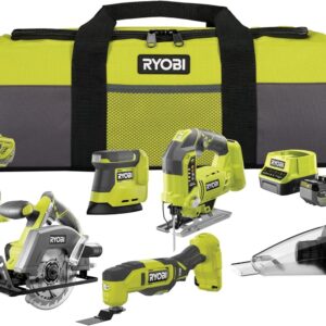 RYOBI Kit 6 outils 18V ONE+ avec perceuse scie sauteuse ponceuse outil multifonction scie circulaire aspirateur - Batteries chargeur et sac