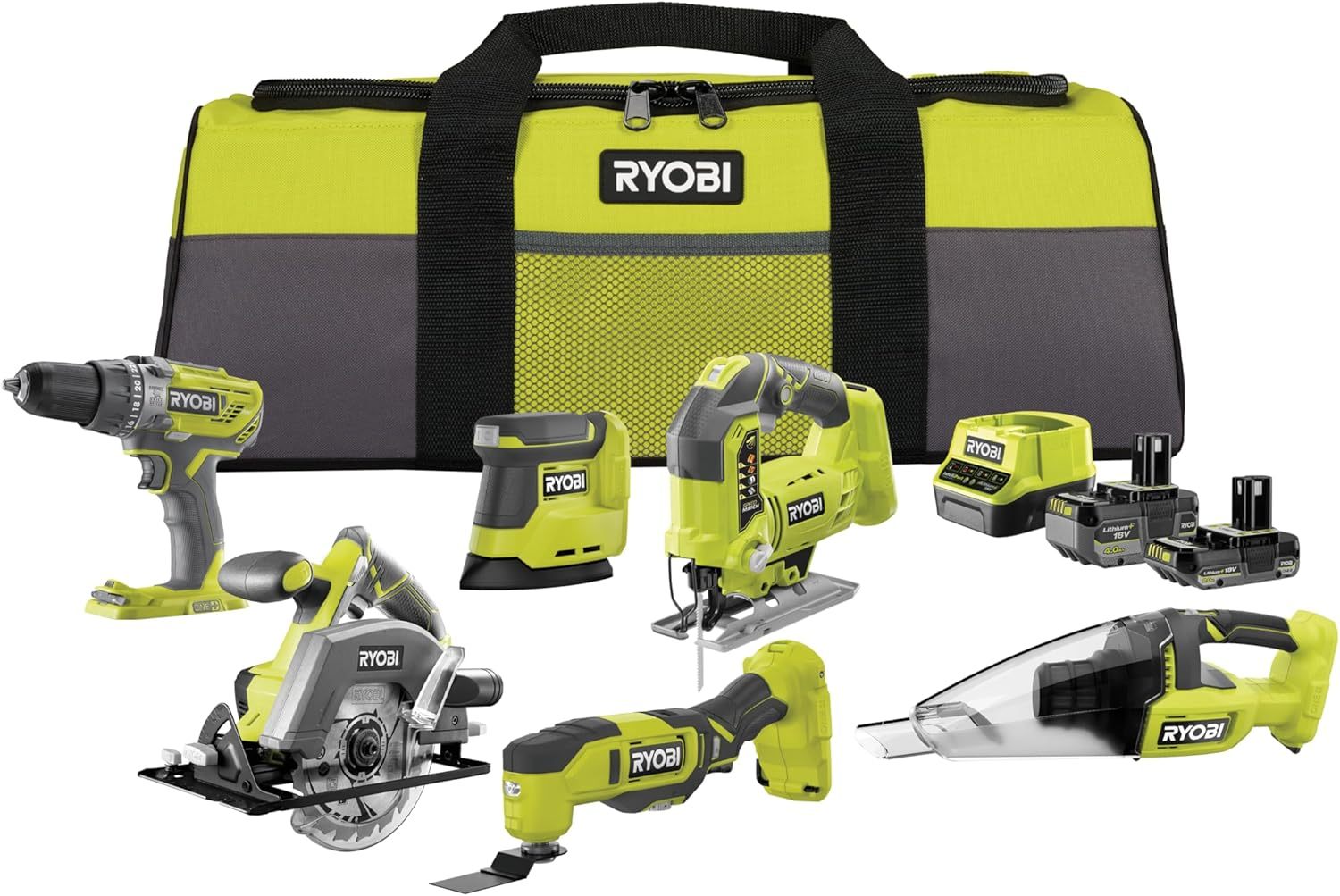 RYOBI Kit 6 outils 18V ONE+ avec perceuse scie sauteuse ponceuse outil multifonction scie circulaire aspirateur - Batteries chargeur et sac