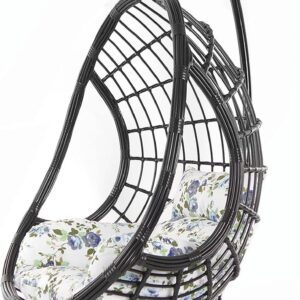KIDEO Grand fauteuil suspendu avec armature et coussin en polyrotin noir - Chaise œuf avec coussin nid fleuri Icerose