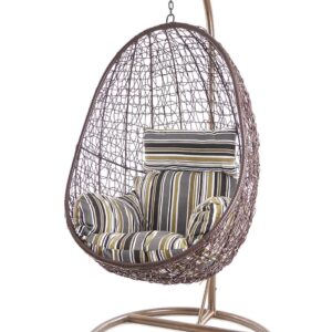 Kideo Fauteuil suspendu complet avec armature et coussins marron - Fauteuil lounge avec coussin nid à rayures naturelles - Design intérieur extérieur