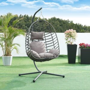 [en.casa] Fauteuil suspendu avec support - Chaise œuf hamac intérieur extérieur en acier polyrotin polyester gris - 198 x 110 x 95 cm