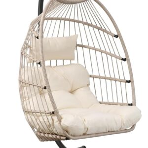 Chaise œuf suspendue Goutime avec support - Coussin résistant aux UV gris abricot - Modèle pliable capacité 204 kg - Fauteuil intérieur chambre et extérieur