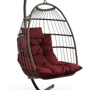 Fauteuil œuf suspendu SereneLife pliable - Rotin tressé avec support - Coussin imperméable et appui tête - Chaise pour patio chambre véranda et jardin