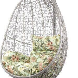 Kideo Fauteuil suspendu en polyrotin gris avec armature et coussins Tropical Garden - Chaise lounge intérieur extérieur avec coussin nid fleuri