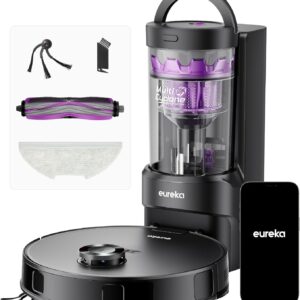 Robot aspirateur laveur Eureka E20 Evo Plus - Aspiration 10000 Pa et station sans sac - Anti enchevêtrement cheveux poils animaux - Serpillière relevable 10 mm