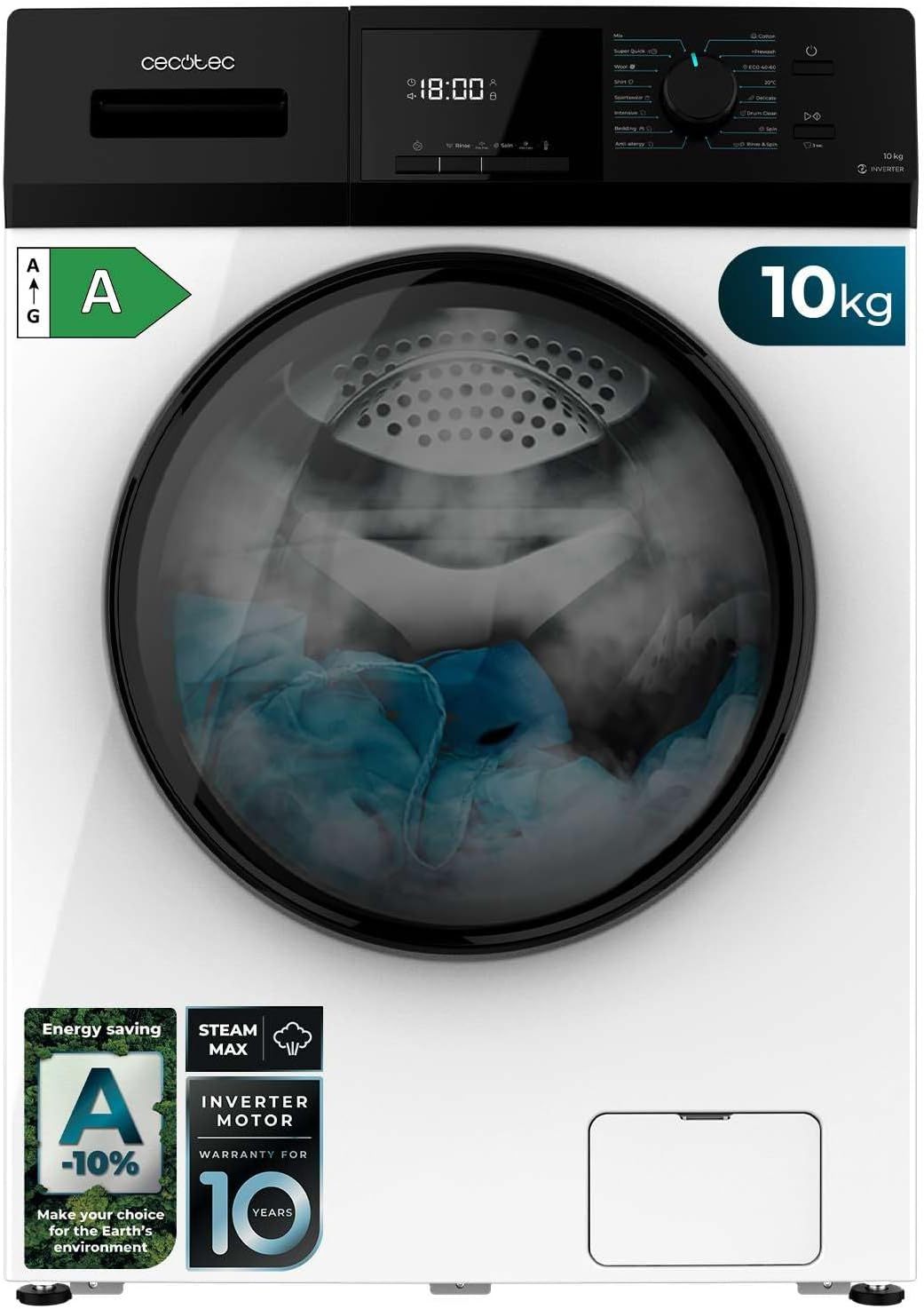 Lave-linge frontal Cecotec Bolero DressCode 10410 Inverter A - Capacité 10 kg - Essorage réglable 1400 tours - Vapeur et stérilisation du linge
