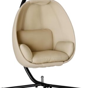 Outsunny Fauteuil œuf suspendu pliable avec coussin et support - Balancelle intérieure extérieure en métal textile gris kaki - 125 x 95 x 170 cm