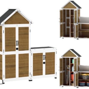 Abri de jardin Outsunny en bois naturel - Armoire de rangement avec étagères - Toit incliné en asphalte - Portes verrouillables pour balcon intérieur extérieur