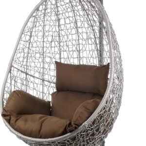 Fauteuil suspendu Kideo 7790 Chocolat - Structure et panier gris en polyrotin - Coussins marron foncé - Ensemble lounge avec armature