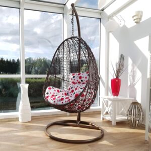 Fauteuil suspendu Kideo multicolore - Polyrotin marron rouge et blanc avec armature - Coussins d'assise inclus - Balancelle lounge pour salon