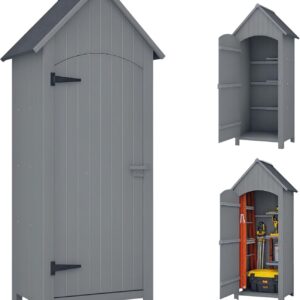 Armoire de jardin Outsunny grise - Bois avec toit bitumé et trois étagères - Dimensions 77,5 x 54,2 x 179,5 cm - Porte à loquet pour terrasse extérieure