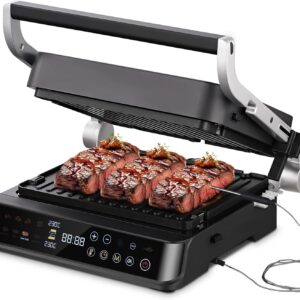 AMAZHEF Grill électrique multifonction 6 en 1 - Barbecue panini gaufrier avec capteur de température et fonction Sear 280 degrés - Plaques amovibles lavables au lave-vaisselle