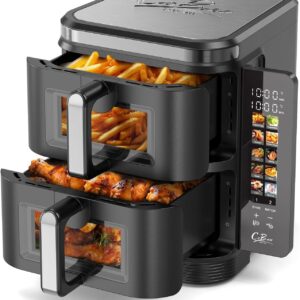 Friteuse à air verticale double zone - Capacité 11 L et puissance 2800 W - Dix programmes avec écran couleur - Fenêtres de visualisation matériau V0