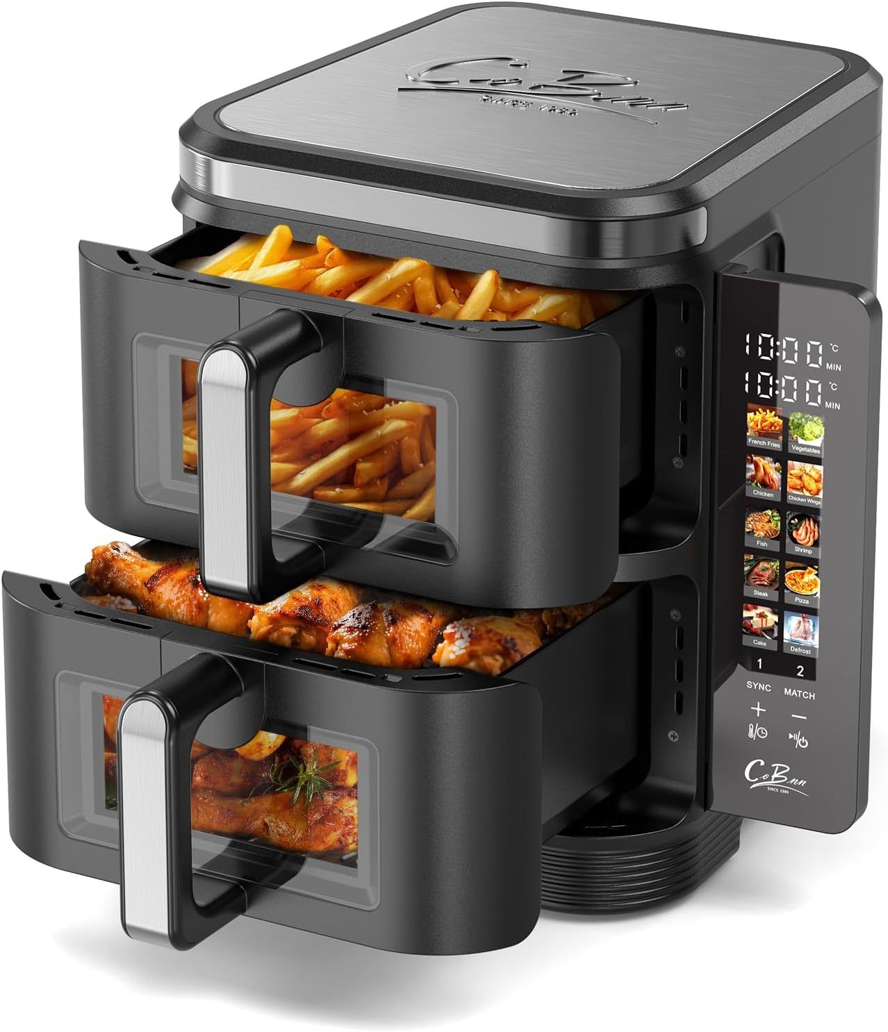 Friteuse à air verticale double zone - Capacité 11 L et puissance 2800 W - Dix programmes avec écran couleur - Fenêtres de visualisation matériau V0