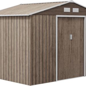 Abri de jardin Outsunny marron clair - Surface 5,4 mètres carrés dimensions 277 x 195 x 192 cm - Métal avec kit de fondation - Porte coulissante et quatre aérations