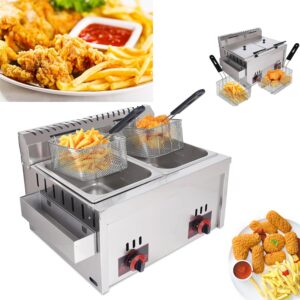 Friteuse à gaz professionnelle LPG - Double cuve en acier inoxydable capacité totale 20 L - Puissance de chauffe réglable - Paniers et couvercle inclus