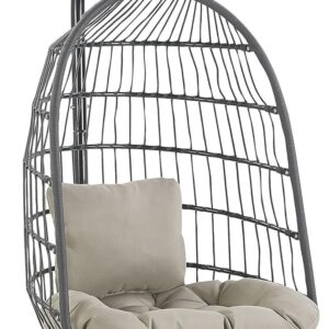 Fauteuil suspendu Beliani gris style bohème - Métal et rotin avec coussin - Support noir format 102 cm - Chaise confortable pour extérieur