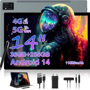 Tablette tactile Android 14 14 pouces 5G WiFi et 4G LTE - 36 Go RAM 256 Go ROM extensible 1 To - Écran FHD 2K GPS GMS avec stylet et étui gris