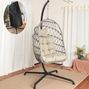 Fauteuil œuf suspendu LKINBO gris - Rotin avec support sur pied et coussin - Balançoire pliable intérieur extérieur - Capacité maximale 160 kg