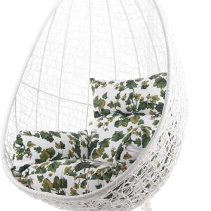 Fauteuil suspendu Kideo 1068 Summer Vine - Structure et panier blancs en polyrotin - Coussin nid blanc et vert - Modèle intérieur et extérieur avec armature