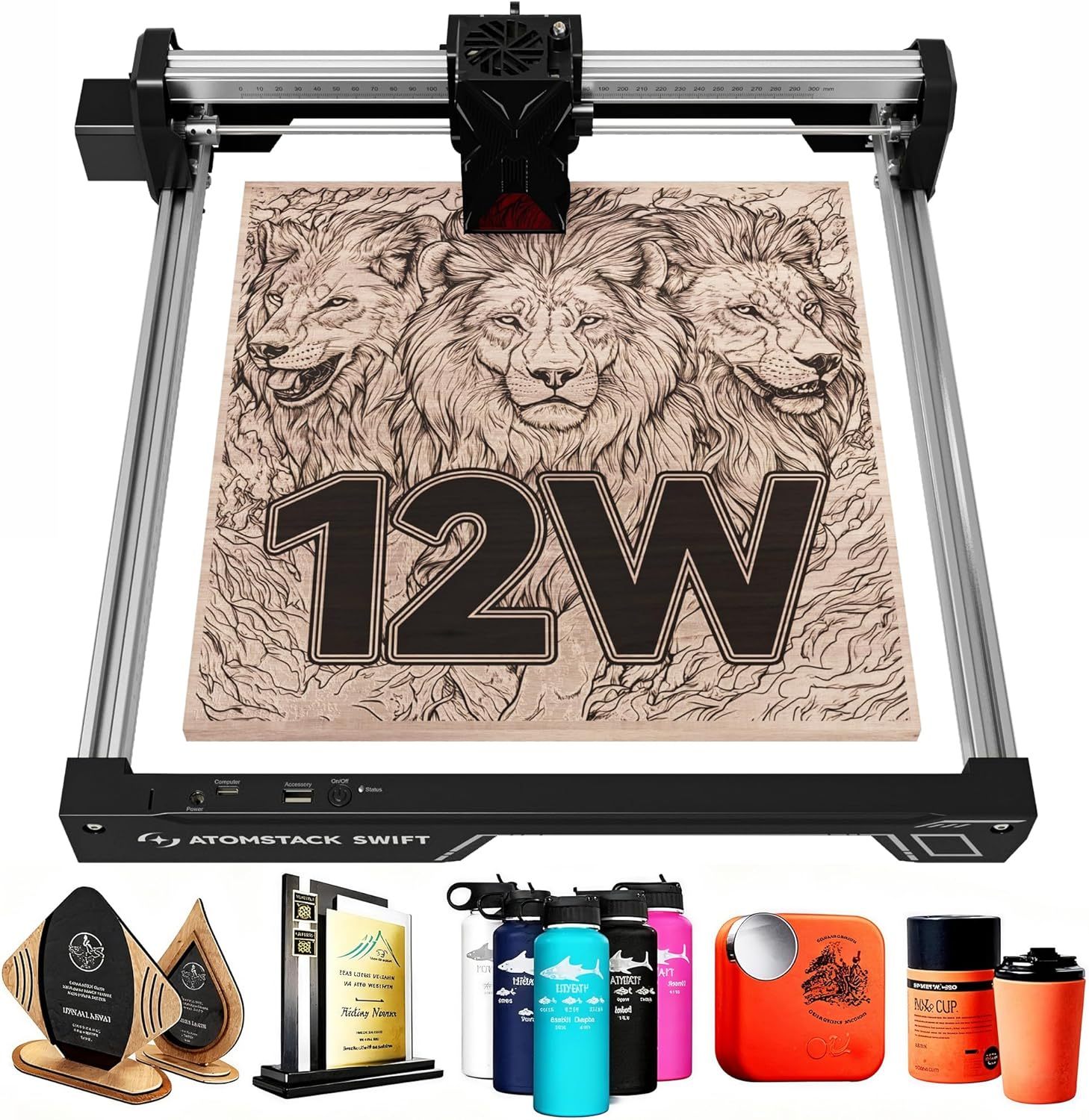 Machine de gravure laser ATOMSTACK Swift 12 W - Précision 0,01 mm pour bois métal cuir et acrylique foncé - Surface 300 x 300 mm - Finition noire