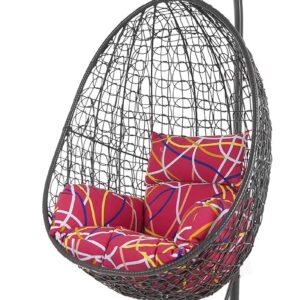 Fauteuil suspendu Kideo 3021 Be Abstract - Polyrotin gris foncé avec armature - Coussin rose à motifs nid - Modèle intérieur et extérieur