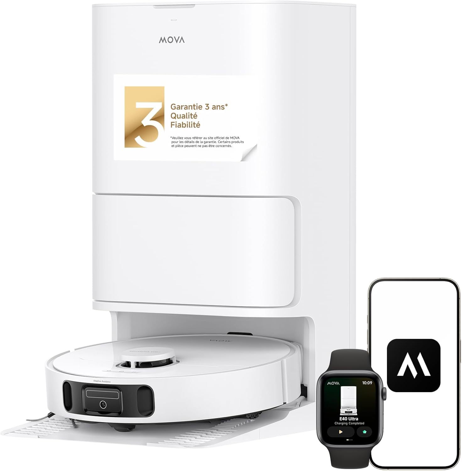 Robot aspirateur laveur Mova E40 Ultra - Aspiration 19000 Pa et vidage automatique - Lavage MaxiReach - Base tout en un avec autonomie jusqu'à 75 jours
