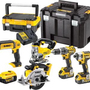Pack 5 outils DeWalt DCK551P3T-QW XR 18 V - Perceuse visseuse et visseuse à chocs - Scies sauteuse circulaire lampe LED - Trois batteries 5 Ah