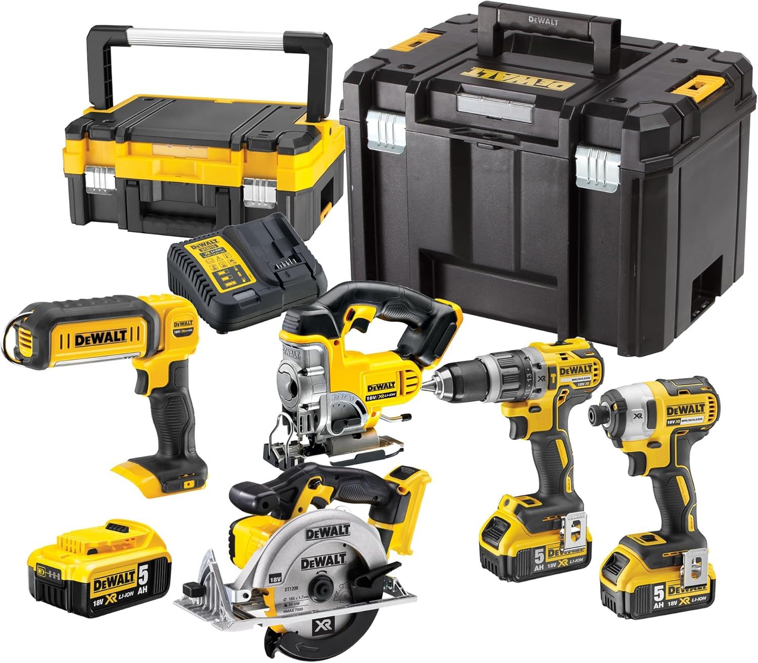 Pack 5 outils DeWalt DCK551P3T-QW XR 18 V - Perceuse visseuse et visseuse à chocs - Scies sauteuse circulaire lampe LED - Trois batteries 5 Ah