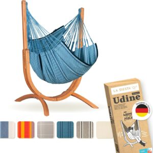 Chaise suspendue LA SIESTA Udine Blue Zebra - Coton biologique fait main avec support bois - Eucalyptus certifié FSC - Fauteuil intérieur indéchirable