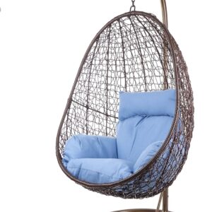 Kideo Fauteuil suspendu complet avec armature et coussin en polyrotin - Structure marron panier marron coussin bleu roi